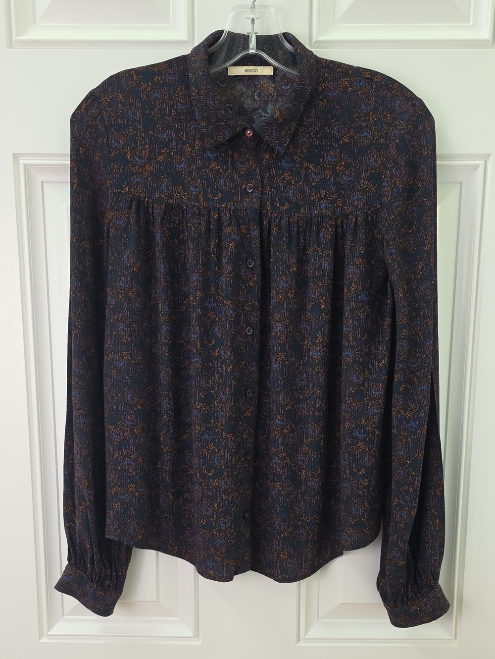 Dark Navy Paisley Button-Down Blouse with Subtle Brown Print.  Size Small